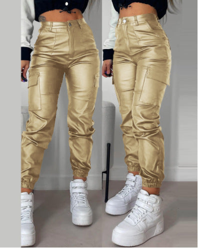 Damen modische High-Waist Cargo-Hosen mit elastischem Bündchen Drune