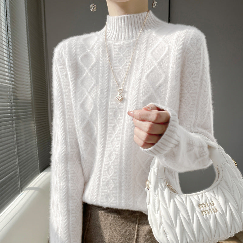Damen Zopfmuster-Mockneckpullover mit feinem Ajour‑Detail und flauschiger Kaschmir‑Optik Drune