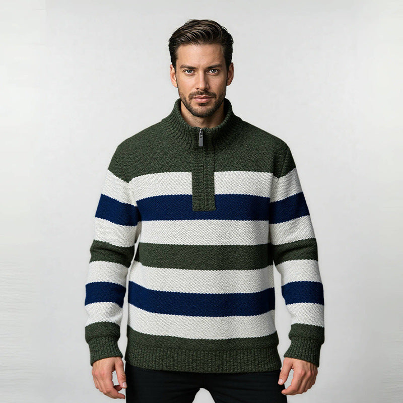 Herren Gestreifter Halbzip-Strickpullover mit Stehkragen und robuster Struktur Drune