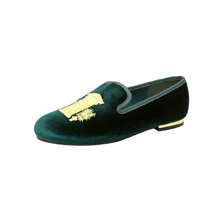 Damen Samt-Slipper mit Sonnenstickerei und goldener Absatzkappe Drune