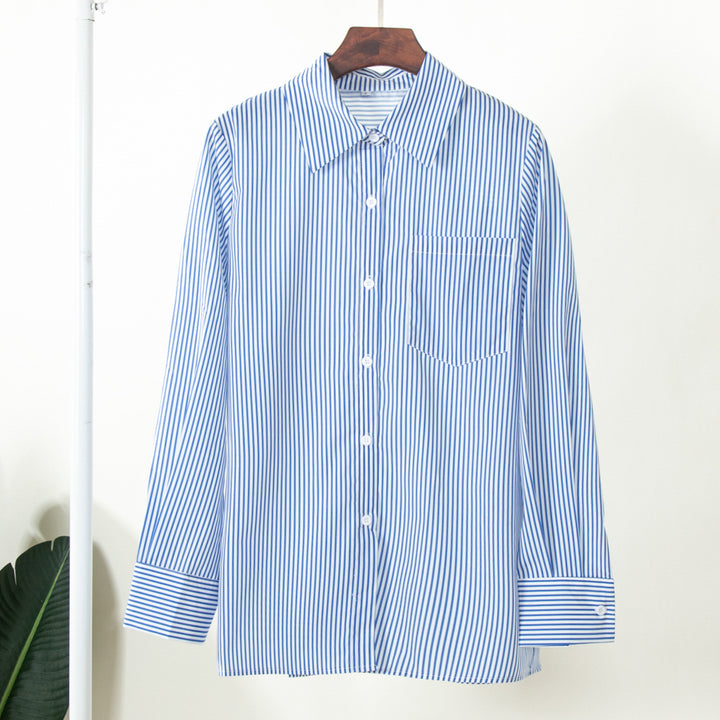 Damen Elegante, gestreifte Bluse mit klassischem Kragen und Taschen Drune