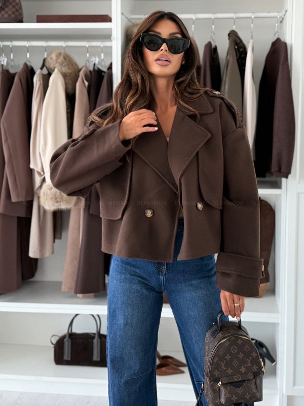 Damen Modische Oversized Jacke mit Reverskragen und großen Knöpfen Drune