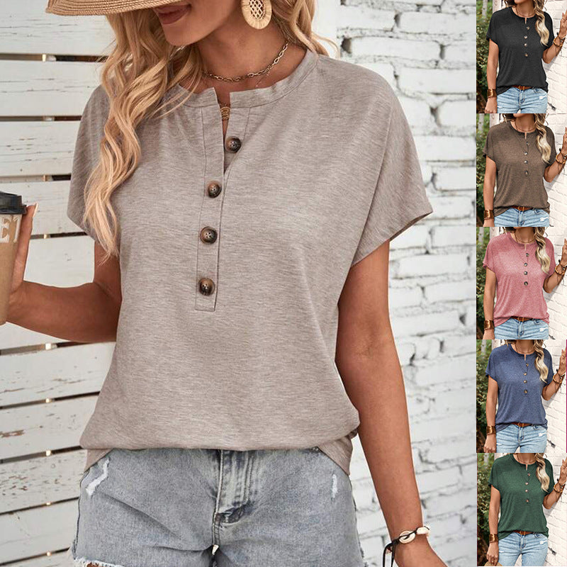 Damen Kurzarm Blusenshirt mit Knopfleiste und legerem Schnitt Drune