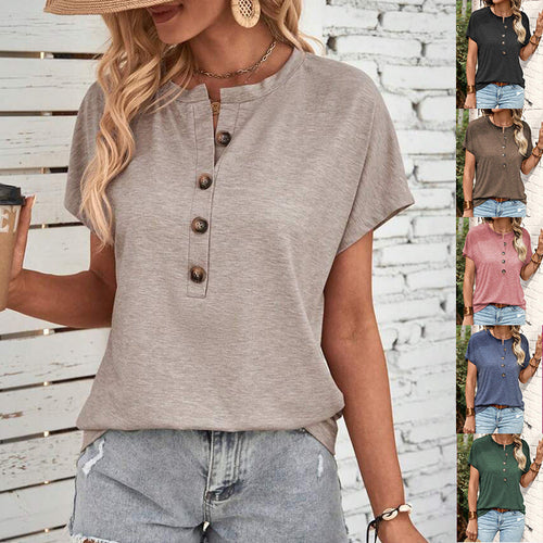Damen Kurzarm Blusenshirt mit Knopfleiste und legerem Schnitt Drune
