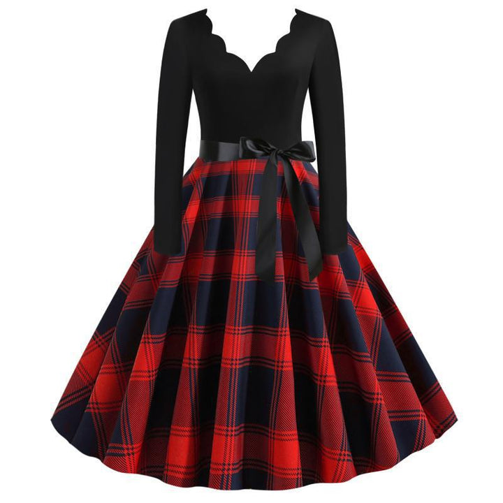 Damen Retro Swingkleid im Vintage-Stil mit geschwungener V-Kante, Satin-Taillenschleife und karierter Tellerrock Drune
