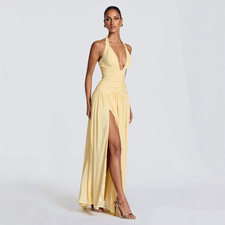 Damen Elegantes Maxikleid mit halterlosem Ausschnitt und raffiniertem Faltenwurf Drune