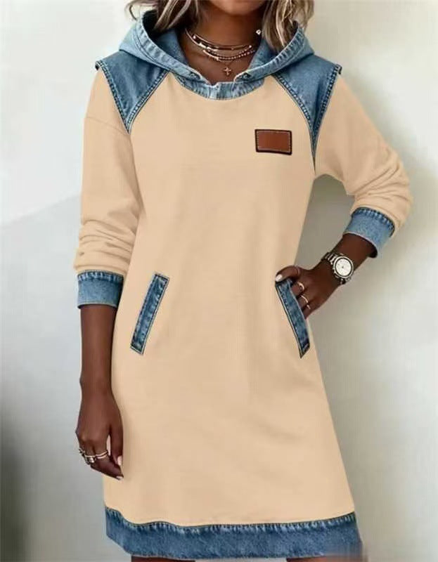 Damen nan Kapuzen-Sweatkleid mit Jeans-Applikationen, Kängurutaschen und lässigem Schnitt Drune