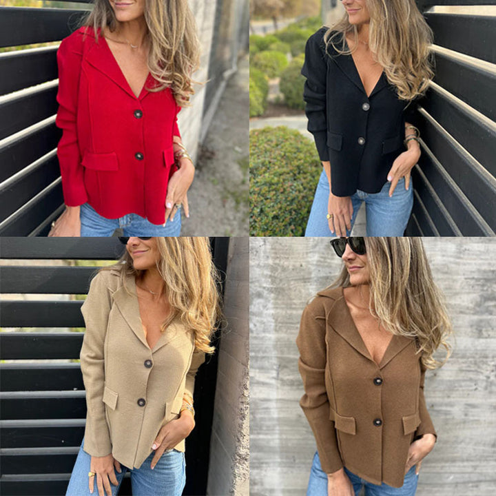 Damen Elegante Strickjacke mit Reverskragen und Taschen Drune