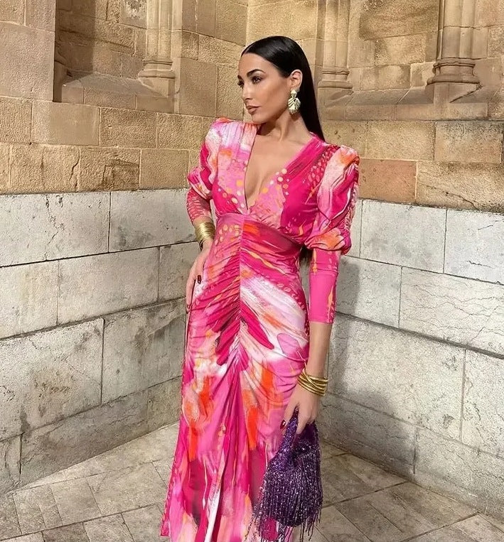 Damen 40+ Maxikleid mit tiefem V‑Ausschnitt, geraffter Taillenpartie und dezenten Puffärmeln Drune