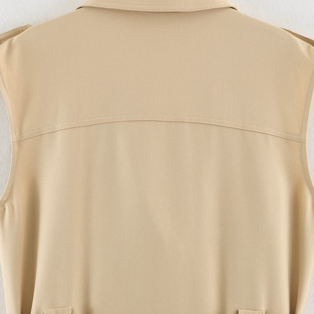 Damen Ärmelloses Tailliertes Trenchkleid mit Bindegürtel und Pattentaschen Drune