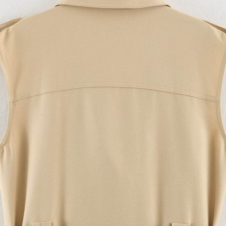 Damen Ärmelloses Tailliertes Trenchkleid mit Bindegürtel und Pattentaschen Drune