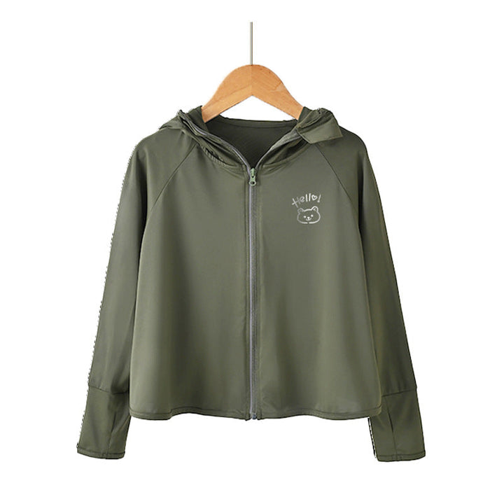Damen leichte Sportjacke mit Kapuze und dezentem Motiv Drune