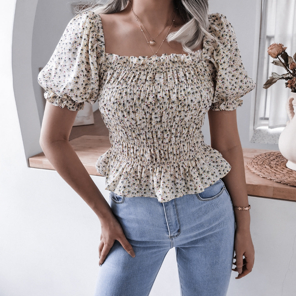 Damen Volantbluse mit elastischer Taille und Puffärmeln Drune