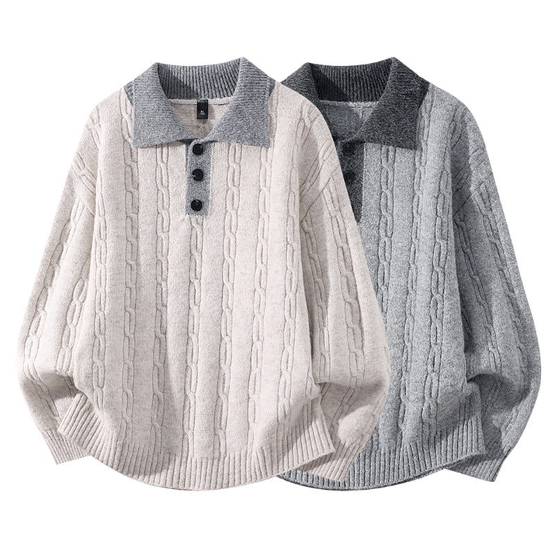Herren Oversize Zopfmuster-Polo-Strickpullover mit Kontrastkragen und Dreiknopfleiste Drune