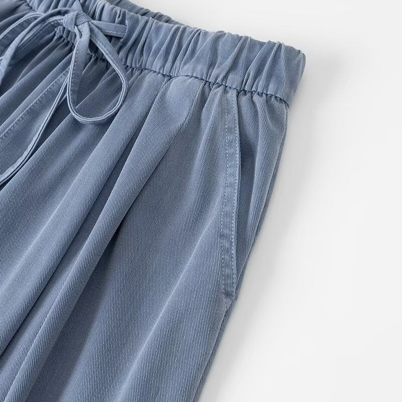 Damen Weite Palazzo‑Hose mit hohem Elastbund, Tunnelzug und Eingrifftaschen Drune