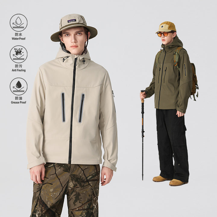 Herren Multifunktions-Softshelljacke mit ergonomischem Wetterschutz, verstellbarer Kapuze und senkrechten Reißverschlusstaschen Drune