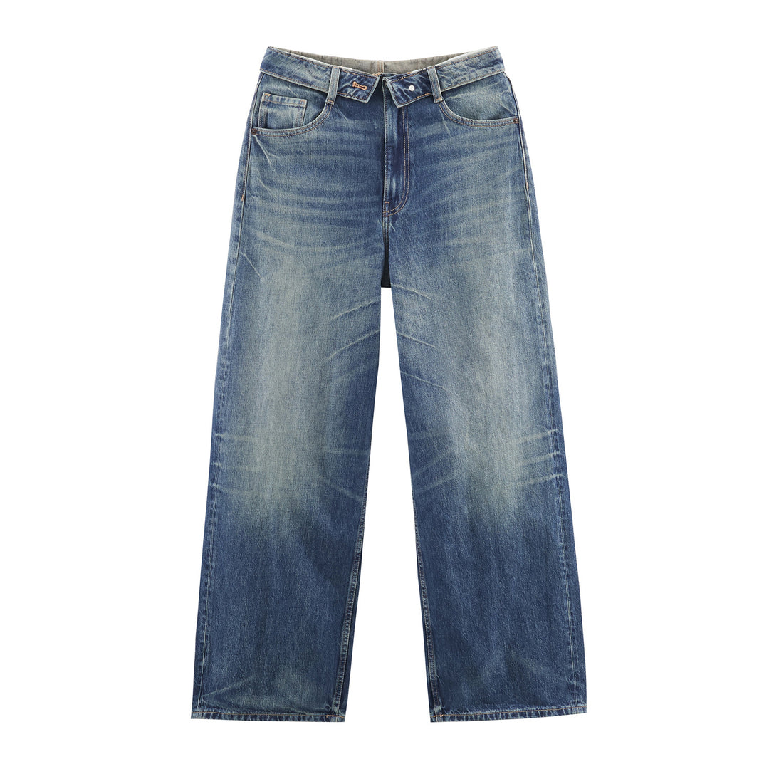 Damen nan weite Jeans mit hohem Bund abgetragenem Look geradem Bein und Fransenrissen Drune