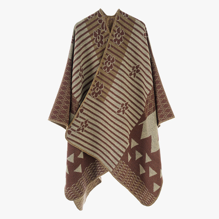Damen Vielseitiger Strickponcho im Patchwork-Jacquard mit V-Ausschnitt und asymmetrischem Zipfelsaum Drune