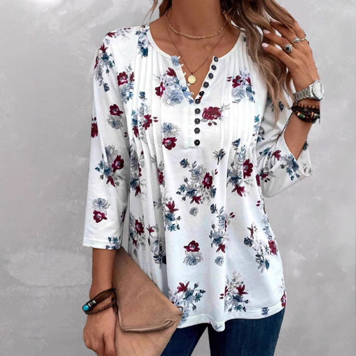 Damen nan florale Tunika-Bluse mit Kellerfalten und Zierknopfleiste Drune