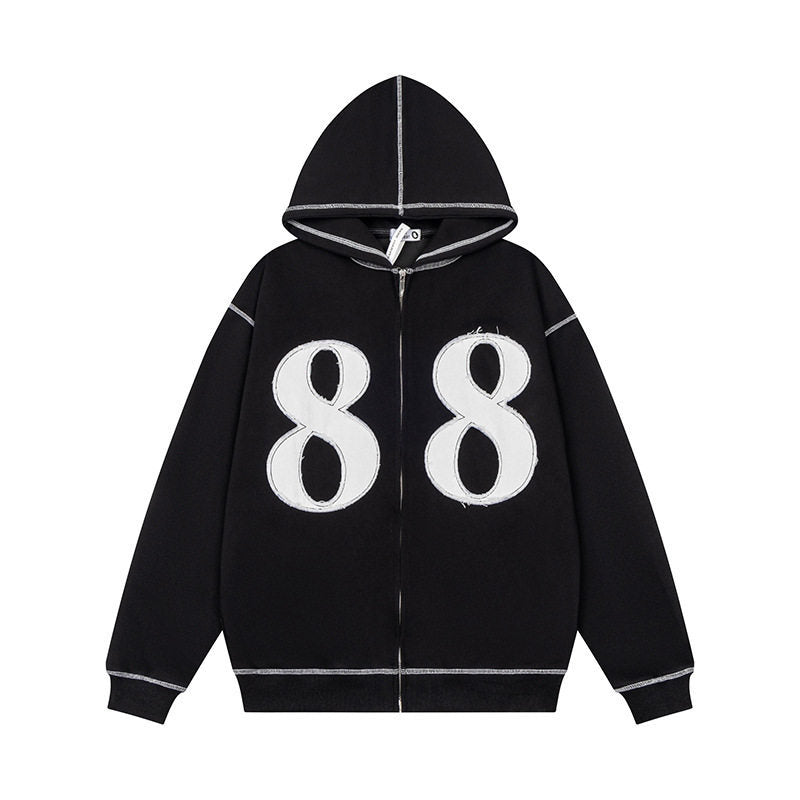 Unisex Oversize-Kapuzenjacke mit durchgehendem Reißverschluss und Ziffern-Applikationen Drune