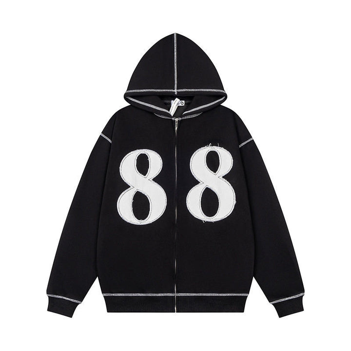 Unisex Oversize-Kapuzenjacke mit durchgehendem Reißverschluss und Ziffern-Applikationen Drune