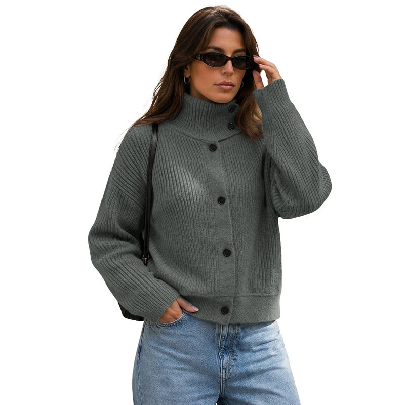 Damen Casual Strickjacke mit hohem Kragen Drune