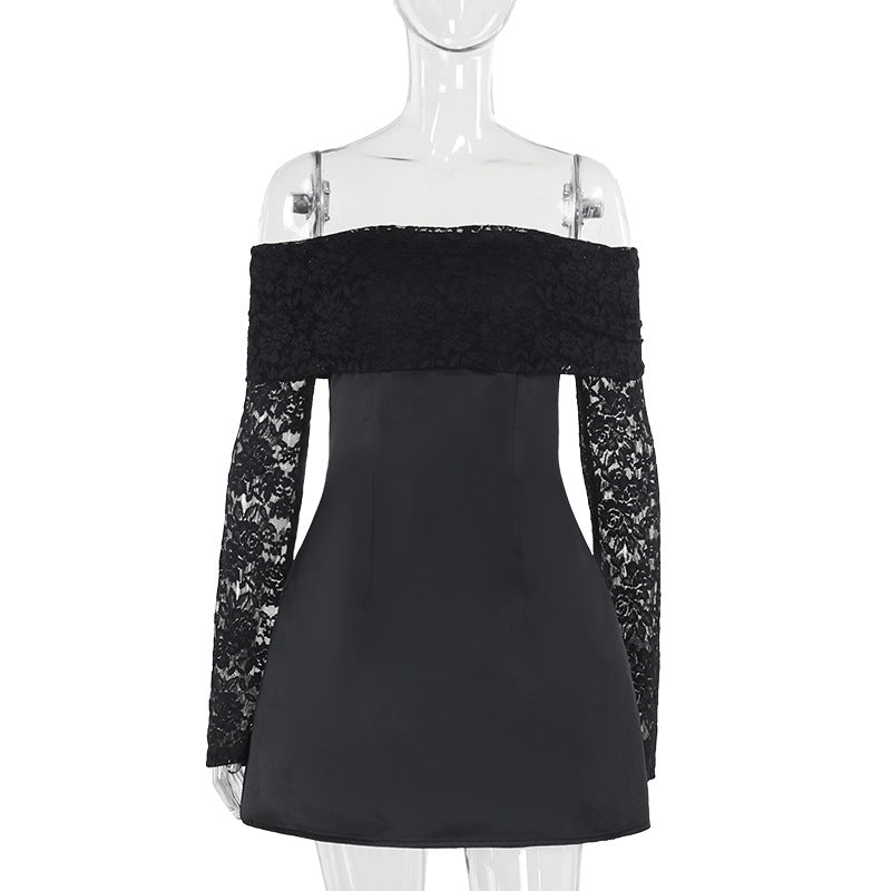 Damen elegantes schulterfreies Minikleid mit Spitzenärmel und schwingendem Rock Drune