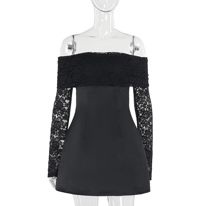 Damen elegantes schulterfreies Minikleid mit Spitzenärmel und schwingendem Rock Drune