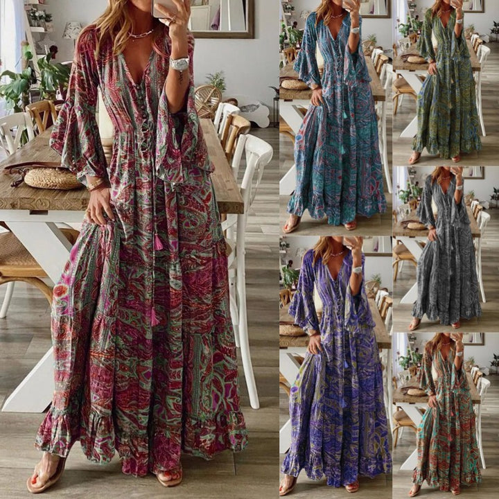 Damen Boho Maxikleid mit Paisley-Print, V-Ausschnitt, Stufenrock und Bindegürtel Drune