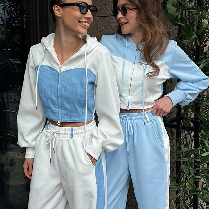 Damen zweifarbiger Cropped-Zip-Hoodie mit Tunnelzug und weiter High-Waist Palazzo-Jogginghose Drune