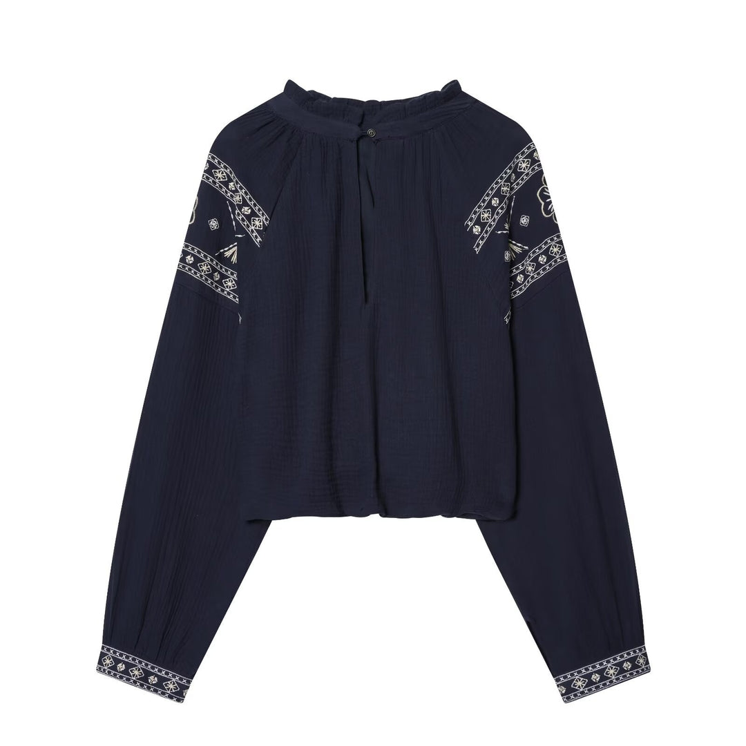 Damen nan bestickte Boho-Bluse mit gerafftem Stehkragen, Ballonärmeln und kurzem Saum Drune