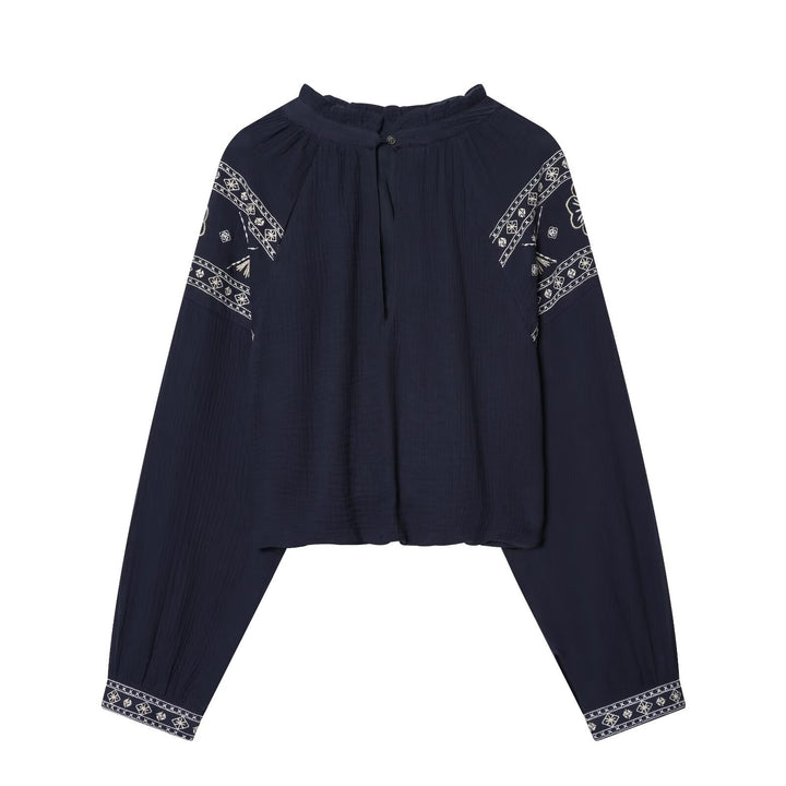 Damen nan bestickte Boho-Bluse mit gerafftem Stehkragen, Ballonärmeln und kurzem Saum Drune