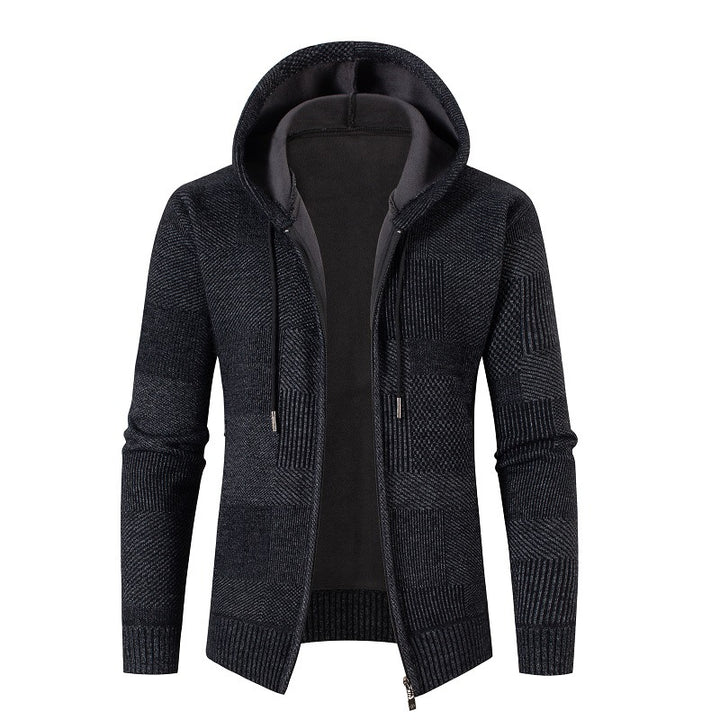 Herren Strukturierter Strick-Zip-Hoodie mit gefütterter Kapuze und grafischem Patchmuster Drune