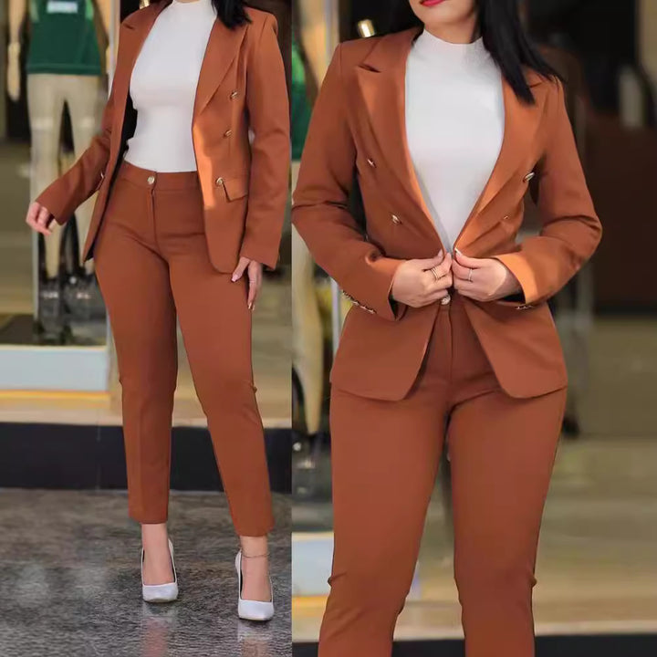 Damen moderner Blazer-Hosenanzug mit exklusiven Knopfdetails Drune