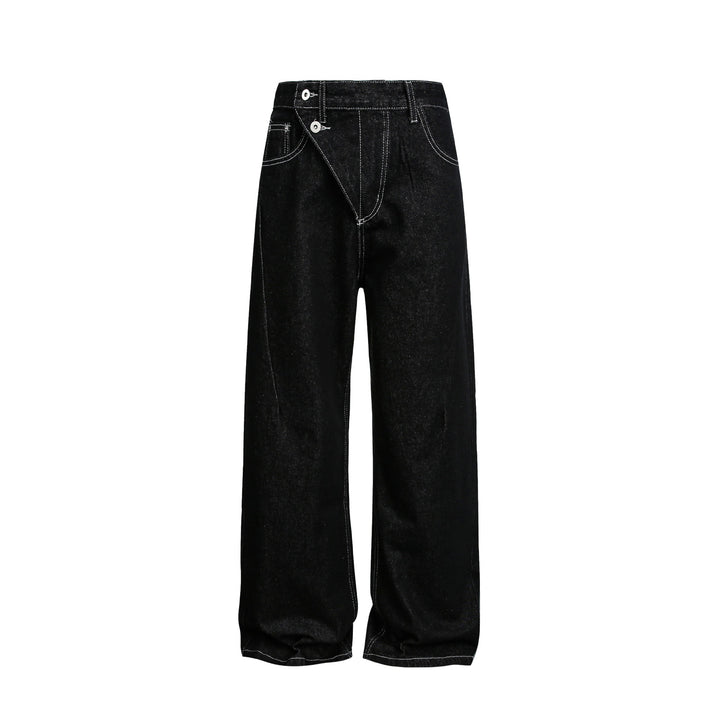 Damen Weite High-Waist Jeanshose mit asymmetrischem Knopfverschluss und Kontrastnähten Drune
