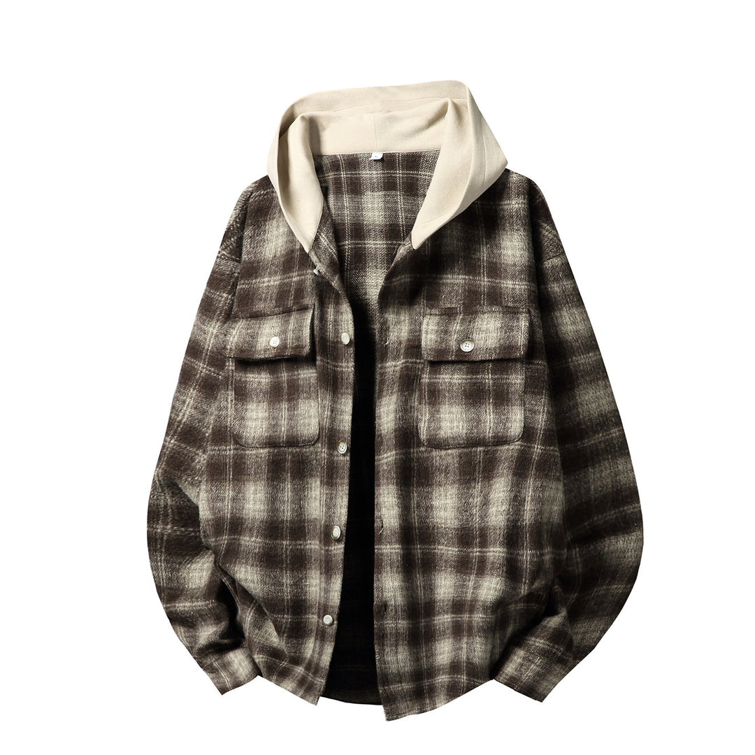 Unisex Overshirt mit Kontrastkapuze im Karo‑Flanell‑Look, Button‑Front und aufgesetzten Brusttaschen Drune