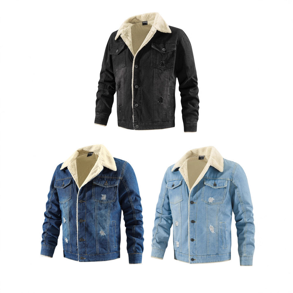 Herren Denimjacke mit Teddyfutter im Used-Look und Knopfleiste Drune