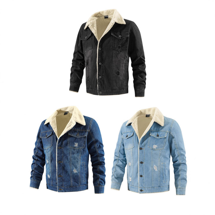 Herren Denimjacke mit Teddyfutter im Used-Look und Knopfleiste Drune