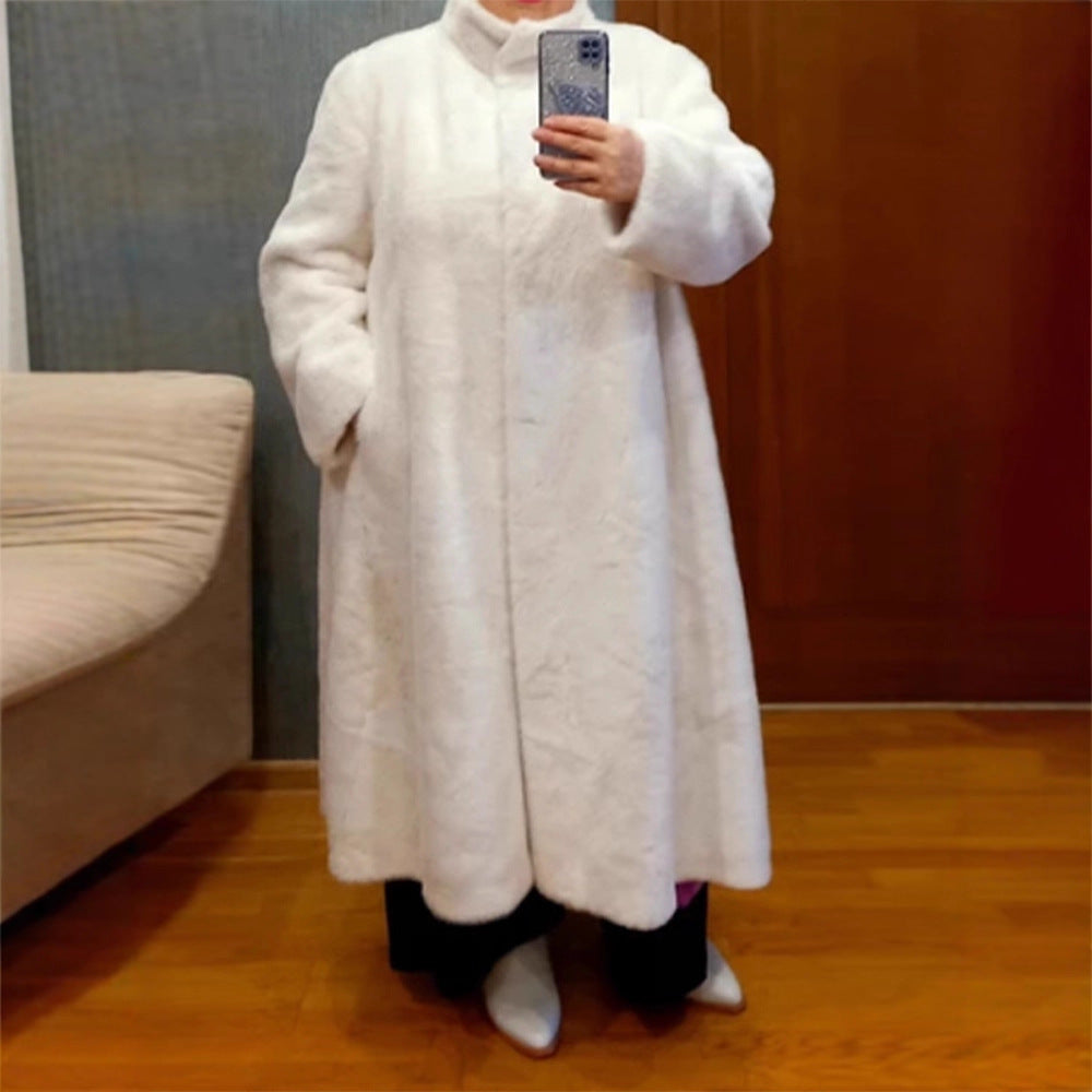 Damen Maxi Kunstfell-Mantel mit Oversize-Schnitt und aufgesetzten Taschen Drune
