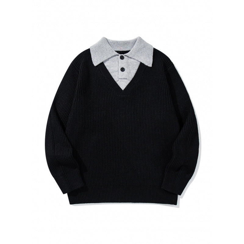 Unisex Grobstrick-Kastenpullover mit V-Ausschnitt und kontrastierendem Polo-Knopfkragen Drune