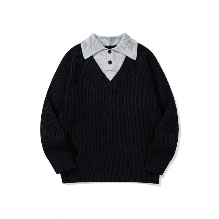 Unisex Grobstrick-Kastenpullover mit V-Ausschnitt und kontrastierendem Polo-Knopfkragen Drune