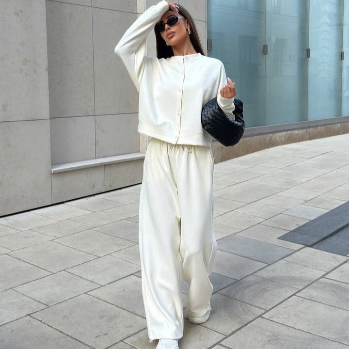 Damen Zweiteiliges Loungewear-Set mit verdeckter Druckknopf-Cardigan und weiten High-Waist Jogpants Drune