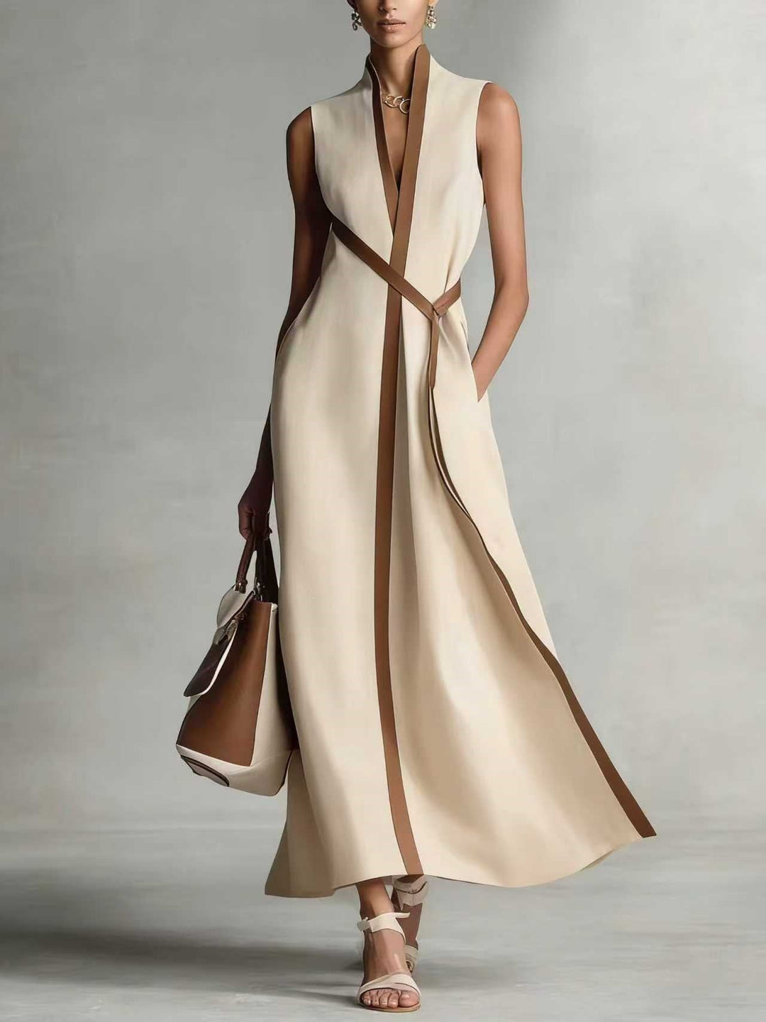Damen elegantes Maxikleid mit Taillenschnitt und schmalem Gürtel Drune