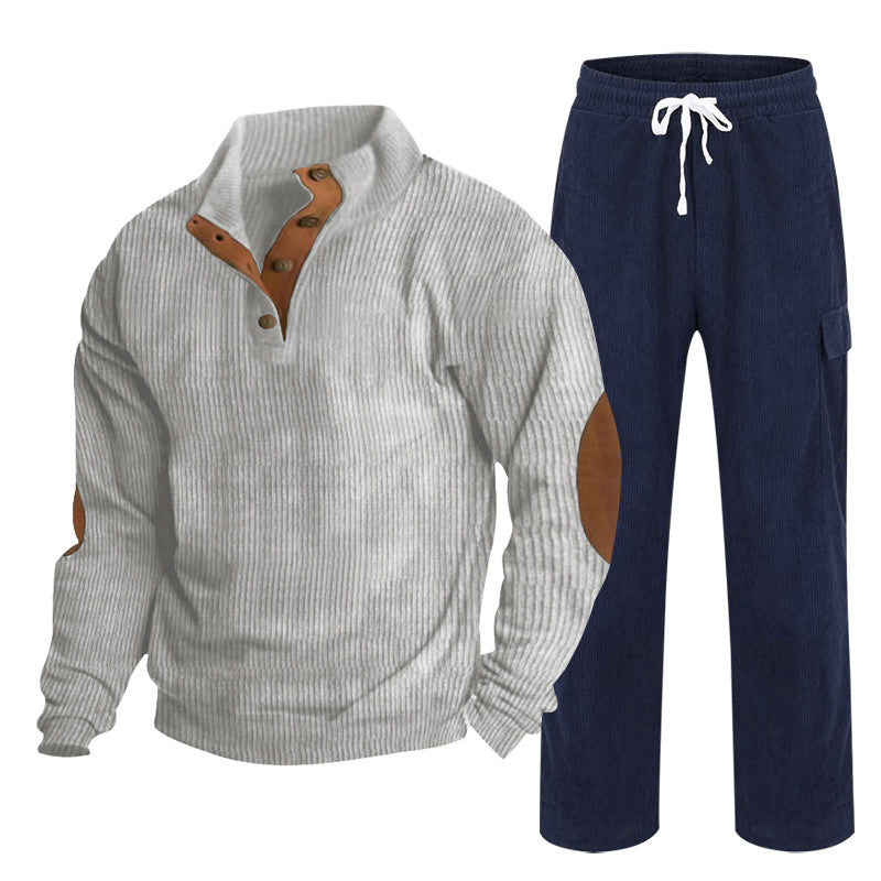 Herren Gemütliches Freizeit-Set aus Waffelstrick-Henley mit Ellenbogenpatch und Relax-Cargo-Hose Drune