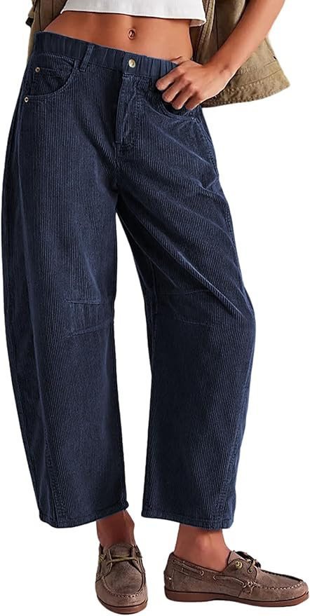Damen Weite Cordhose mit hoher Taille, Cropped-Bein und Eingriffstaschen Drune