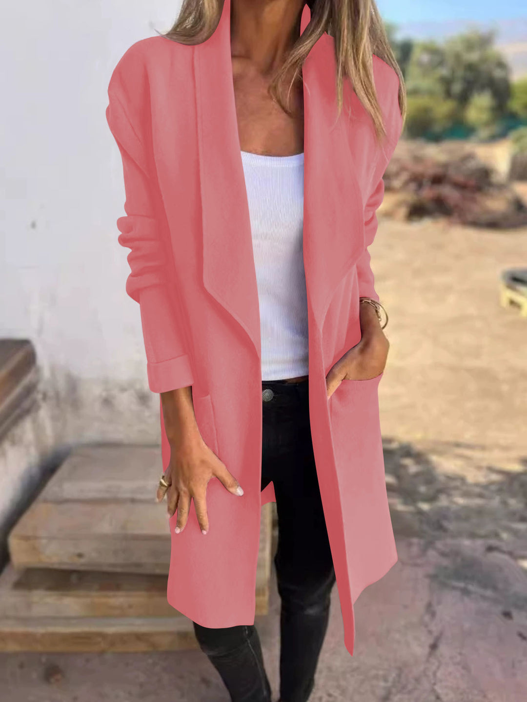 Damen Longline Blazer mit Schalkragen, offenem Schnitt und aufgesetzten Taschen Drune