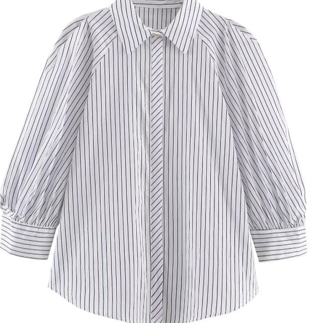 Damen Längsgestreifte Oversize‑Hemdbluse mit ellbogenlangen Ballonärmeln und verdeckter Knopfleiste Drune