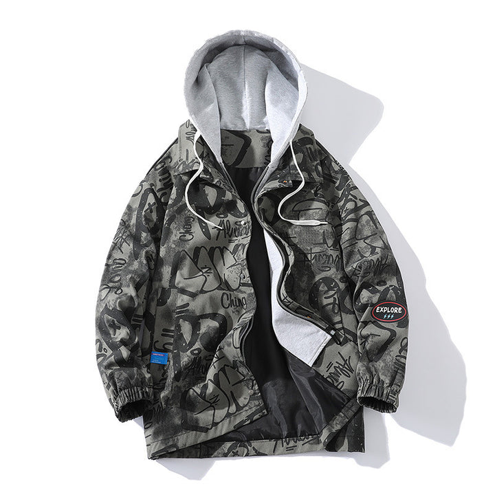 Herren Graffiti-Print Kapuzenparka mit Zip-In Fleece-Innenlayer Drune