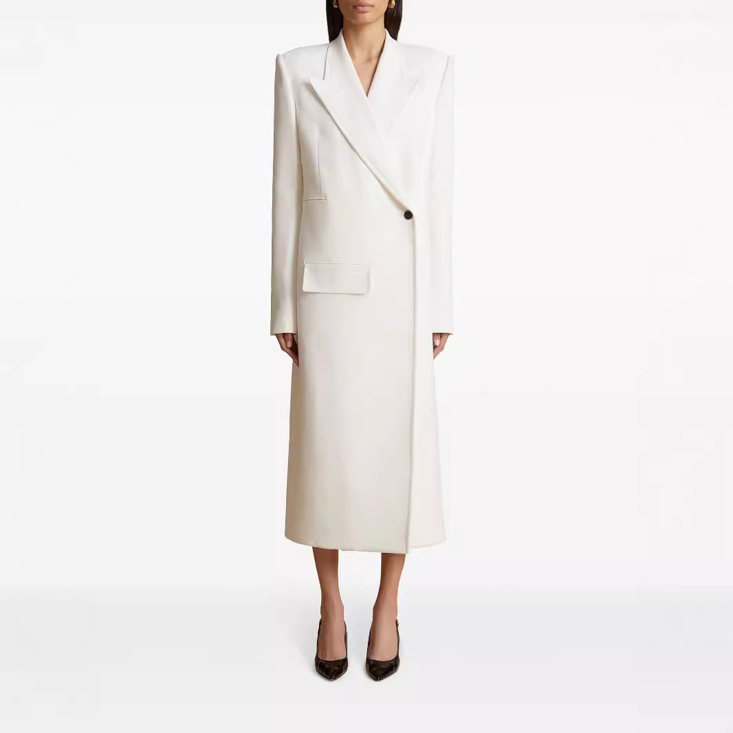 Damen Langes einreihiges Blazerkleid mit schlanker Silhouette und Pattentaschen Drune