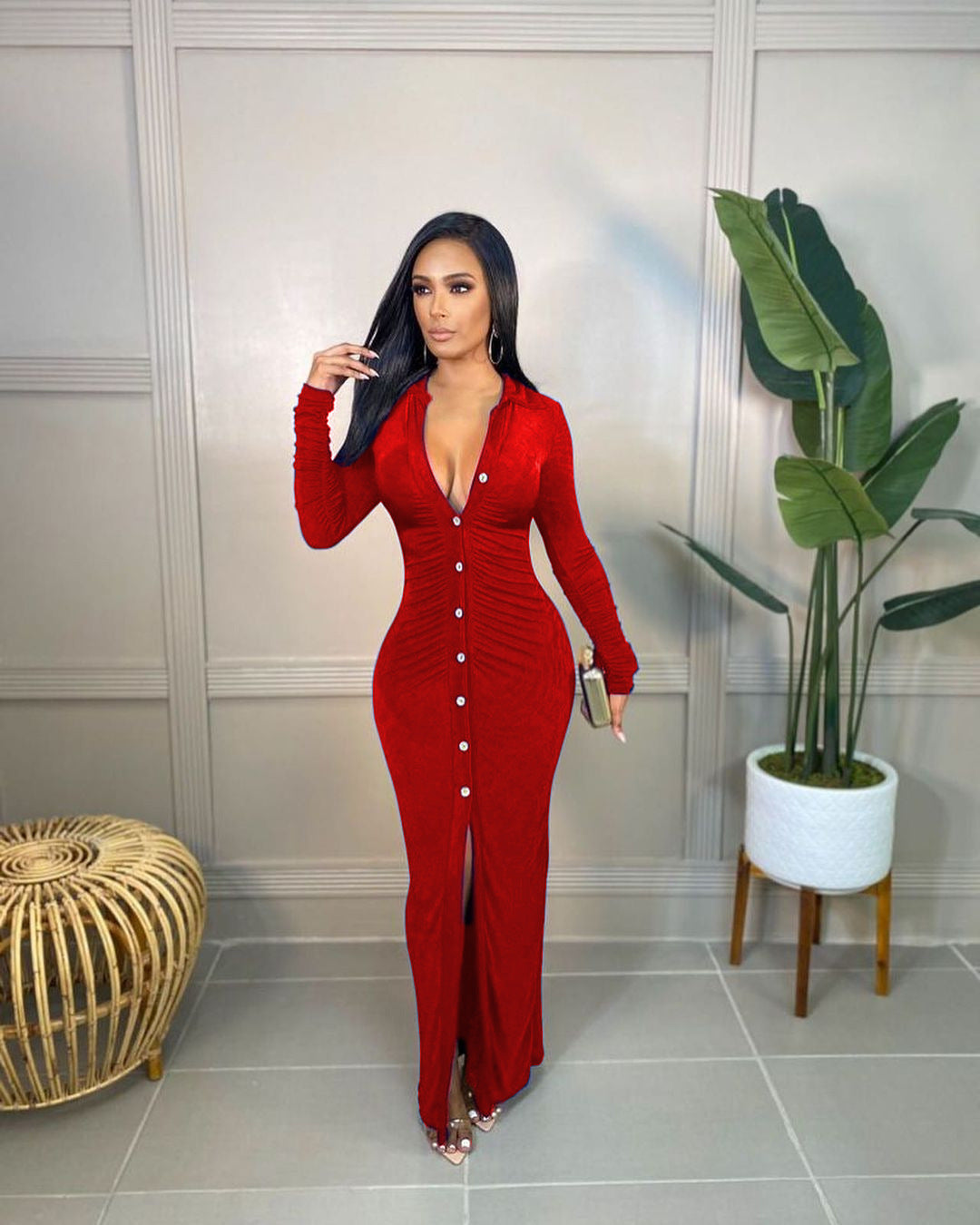 Damen Figurbetontes Maxikleid mit Knopfleiste, Raffung und tiefem V-Ausschnitt Drune